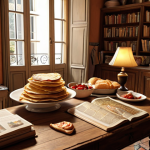**

A cozy living room decorated with French posters, a map of France, and a bookshelf filled with French books. On the table, there's a French cookbook open to a recipe, and someone is preparing a traditional French dish like crêpes. Soft, warm lighting.

**