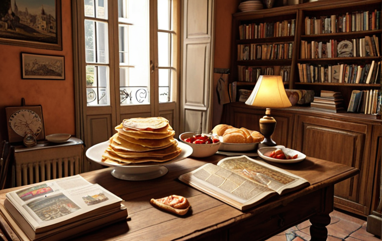 **

A cozy living room decorated with French posters, a map of France, and a bookshelf filled with French books. On the table, there's a French cookbook open to a recipe, and someone is preparing a traditional French dish like crêpes. Soft, warm lighting.

**