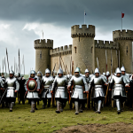 An immersive historical scene depicting English longbowmen in disciplined ranks, wearing modest medieval tunics and protective gear, positioned strategically on a vast, muddy battlefield alongside a group of French knights in full, intricate plate armor. Distant fortifications are visible under a cloudy sky, illustrating the strategic contrast between military forces. All figures are fully clothed, appropriate attire, safe for work, professional, perfect anatomy, correct proportions, natural pose, well-formed hands, proper finger count, natural body proportions, family-friendly historical reconstruction, high quality, cinematic lighting.