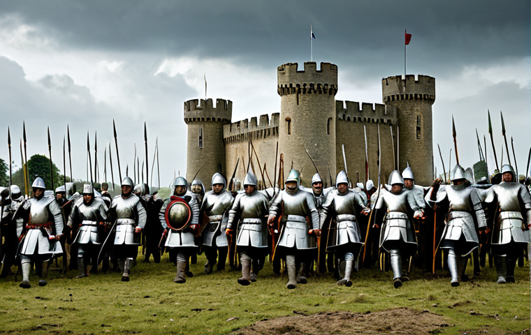 An immersive historical scene depicting English longbowmen in disciplined ranks, wearing modest medieval tunics and protective gear, positioned strategically on a vast, muddy battlefield alongside a group of French knights in full, intricate plate armor. Distant fortifications are visible under a cloudy sky, illustrating the strategic contrast between military forces. All figures are fully clothed, appropriate attire, safe for work, professional, perfect anatomy, correct proportions, natural pose, well-formed hands, proper finger count, natural body proportions, family-friendly historical reconstruction, high quality, cinematic lighting.