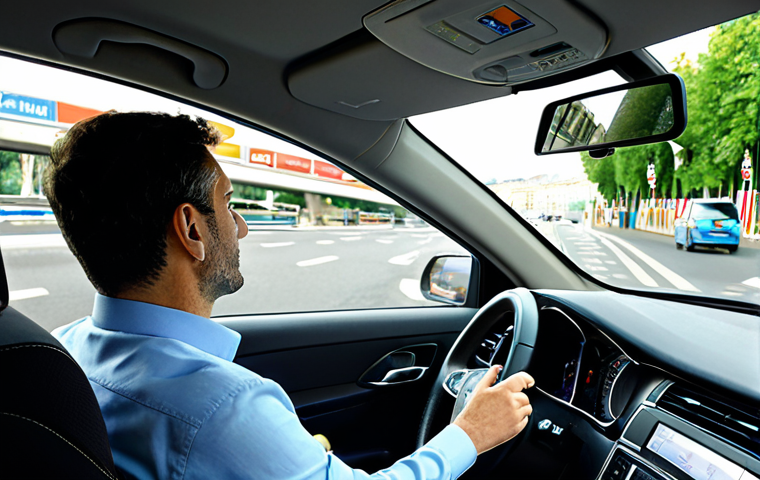 A professional traveler, fully clothed in a modest business casual outfit, sits thoughtfully in the driver's seat of a modern rental car, hands resting lightly on the steering wheel. A Crit'Air sticker is clearly visible on the car's windshield. The background shows a bustling urban scene in a French city, featuring complex road signage and a multi-lane roundabout, with other vehicles in the distance, conveying a sense of focused navigation. The image is captured with professional lighting, ensuring sharp details and correct proportions, showcasing a natural pose with well-formed hands and proper finger count. This is a safe for work, appropriate content, family-friendly image.