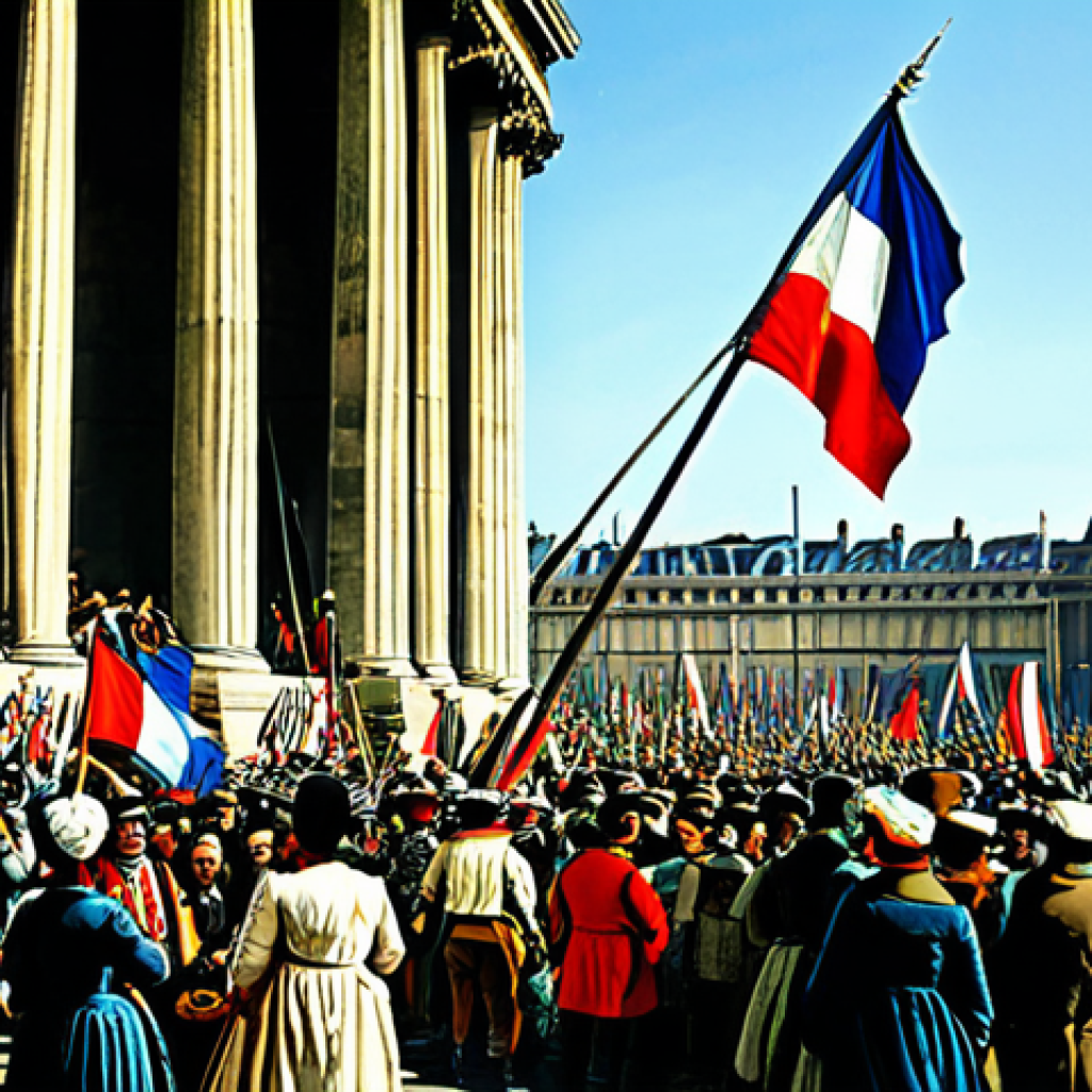 The Tumult of Revolution**

"A bustling Parisian street scene during the French Revolution, fully clothed citizens waving flags and banners with 'Liberté, Égalité, Fraternité' slogans, a crowd gathers around the Place de la Concorde, modest attire, appropriate content, safe for work, perfect anatomy, natural proportions, vibrant colors, historical painting style, professional."

**