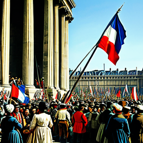 The Tumult of Revolution**

"A bustling Parisian street scene during the French Revolution, fully clothed citizens waving flags and banners with 'Liberté, Égalité, Fraternité' slogans, a crowd gathers around the Place de la Concorde, modest attire, appropriate content, safe for work, perfect anatomy, natural proportions, vibrant colors, historical painting style, professional."

**