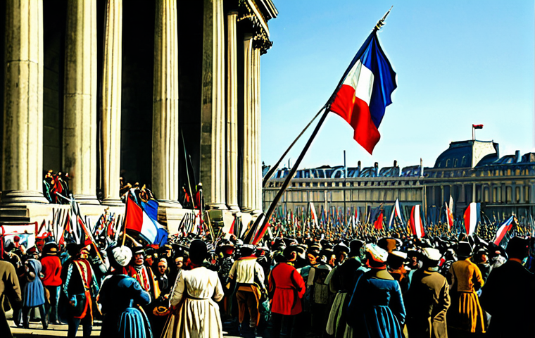 The Tumult of Revolution**

"A bustling Parisian street scene during the French Revolution, fully clothed citizens waving flags and banners with 'Liberté, Égalité, Fraternité' slogans, a crowd gathers around the Place de la Concorde, modest attire, appropriate content, safe for work, perfect anatomy, natural proportions, vibrant colors, historical painting style, professional."

**