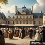 프랑스 혁명의 원인과 결과 - A detailed historical scene depicting a crowded 18th-century French marketplace filled with diverse ...