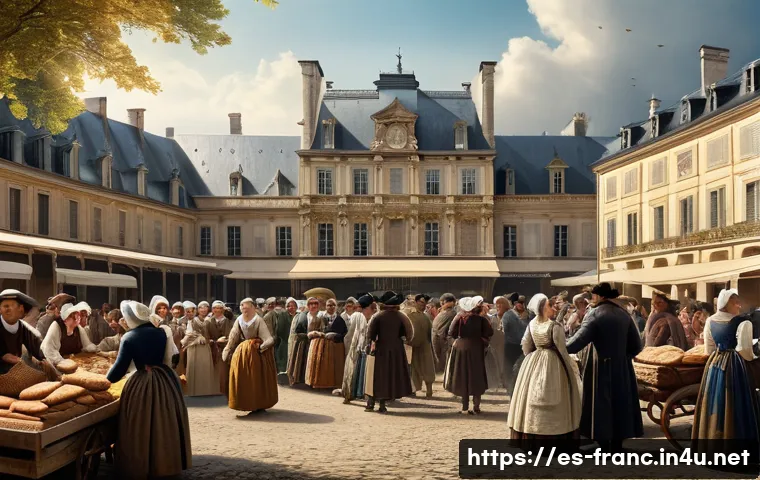 프랑스 혁명의 원인과 결과 - A detailed historical scene depicting a crowded 18th-century French marketplace filled with diverse ...