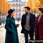 프랑스에서 인기 있는 TV 프로그램 - A sophisticated French television drama scene set in a detailed Parisian street with autumn leaves f...
