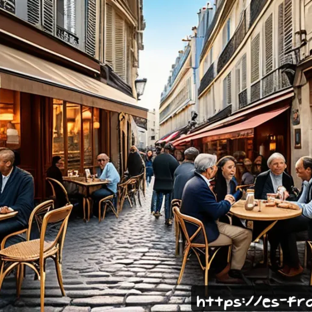 프랑스인의 민족성 및 사회 문화 - A lively Parisian café scene in the afternoon, filled with diverse groups of people engaged in anima...