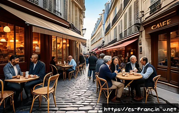 프랑스인의 민족성 및 사회 문화 - A lively Parisian caf&eacute; scene in the afternoon, filled with diverse groups of people engaged in anima...