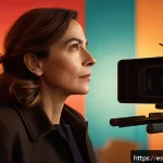칸 영화제 주요 수상작 정리 - A cinematic scene showcasing a female director in her mid-30s, wearing elegant casual attire, overse...