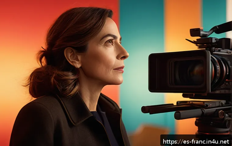 칸 영화제 주요 수상작 정리 - A cinematic scene showcasing a female director in her mid-30s, wearing elegant casual attire, overse...