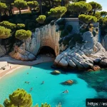 니스 해변과 프랑스 리비에라 여행 - A serene hidden cove on the French Riviera at sunset, featuring crystal-clear turquoise waters gentl...