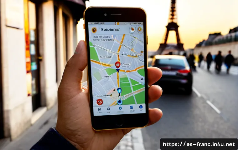 Home 17 프랑스에서 한국 음식점 찾는 법 - Photorealistic Spanish-speaking traveler in Paris using a smartphone map to locate nearby Korean res...